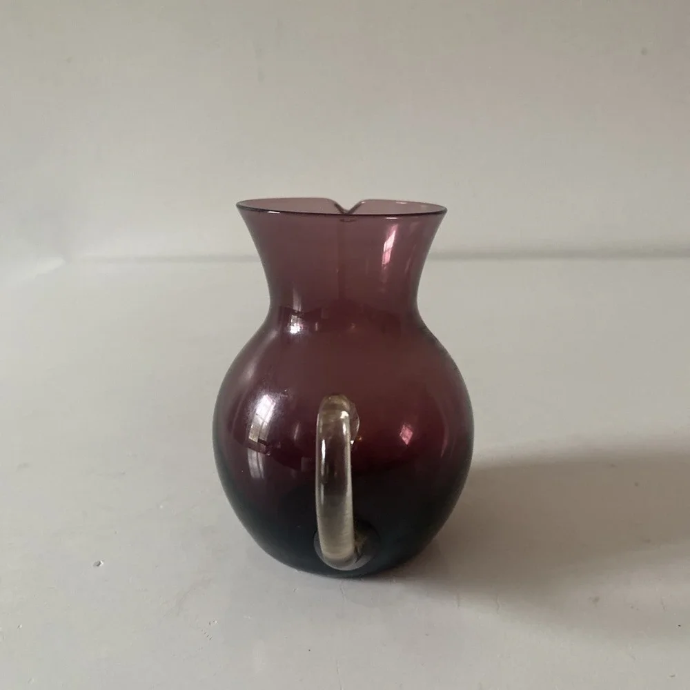 Vintage Purple Plum Enesco Hand Blown Art Glass Miniature Clear Handled Pitcher
